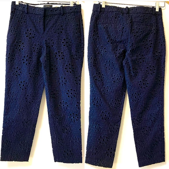 J CREW BNWT Navy Blue Cafe Capri Pinwheel Eyelet Lace Cropped Ankle Pants - Picture 1 of 11